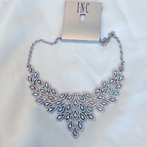 INC silver tone statement necklace with crystals like peacock feathers retail$70